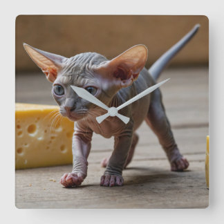 Adorable Sphynx Kitten and Cheese Square Wall Clock