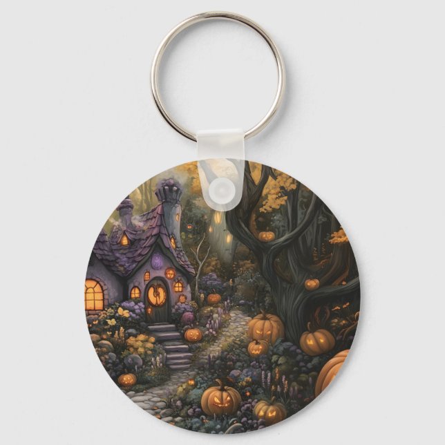 Adorable Spooky House and Halloween Pumpkin Patch Key Ring (Front)