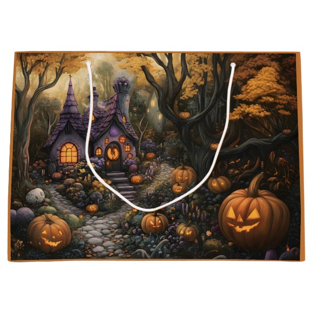 Adorable Spooky House and Halloween Pumpkin Patch Large Gift Bag (Front)