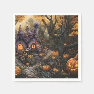 Adorable Spooky House and Halloween Pumpkin Patch Napkin