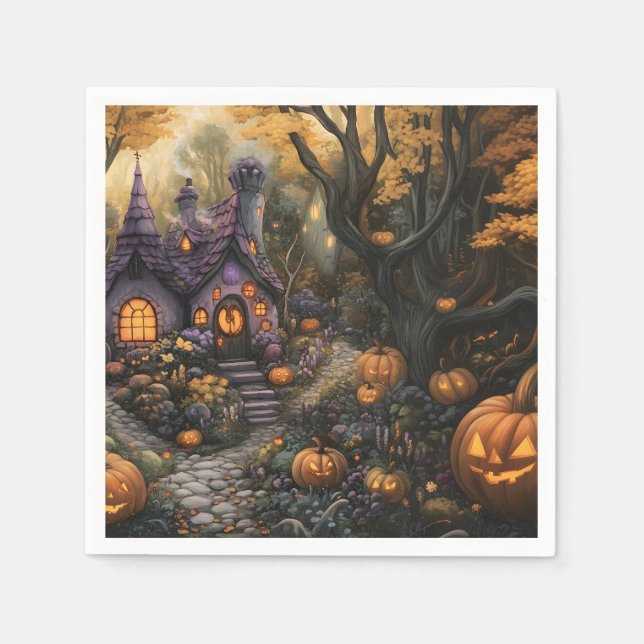 Adorable Spooky House and Halloween Pumpkin Patch Napkin (Front)