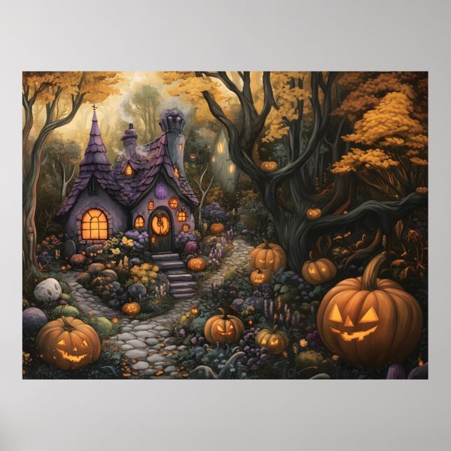 Adorable Spooky House and Halloween Pumpkin Patch Poster (Front)