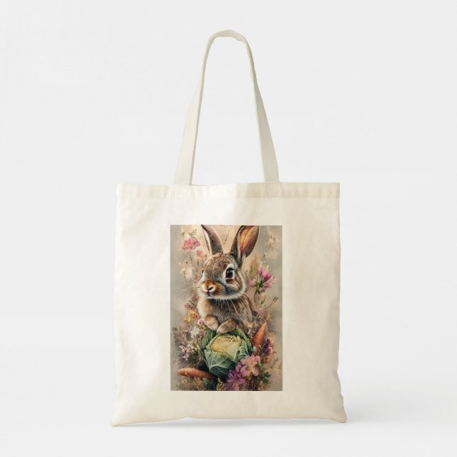 Adorable Spring Garden Rabbit Design Tote Bag (Back)