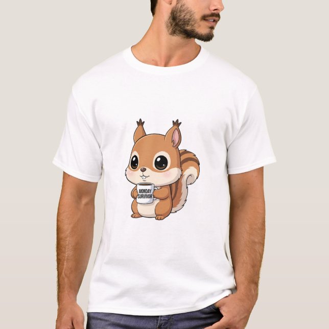 Adorable Squirrel Holding “Monday Survivor” Mug T-Shirt (Front)