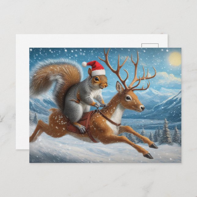 Adorable Squirrel Santa Reindeer Christmas Snowing Postcard (Front/Back)