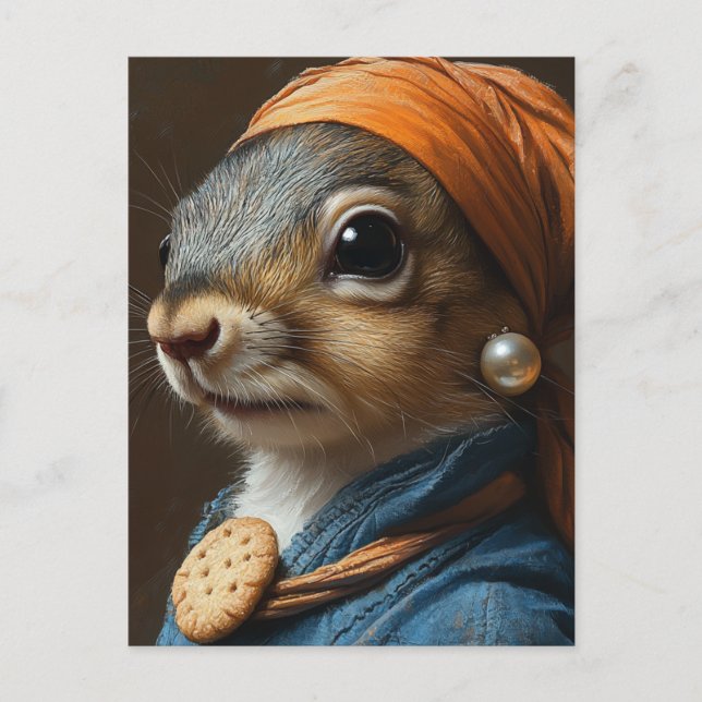 Adorable Squirrel With a Pearl Earring and Cookie Postcard (Front)