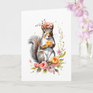 Adorable Squirrel with Spring Flowers Blank Card