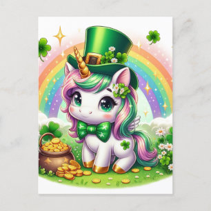 Adorable St. Patricks Day Unicorn Rainbow Gold Postcard