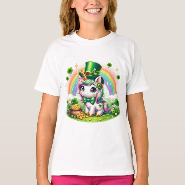 Adorable St. Patricks Day Unicorn Rainbow Gold T-Shirt (Front)