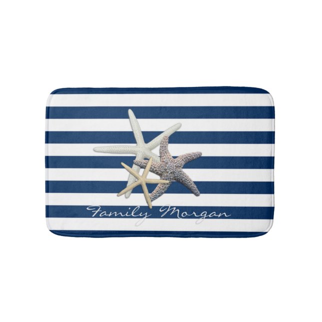 Adorable Starfish ,Navy Blue Stripes-Personalised Bath Mat (Front)