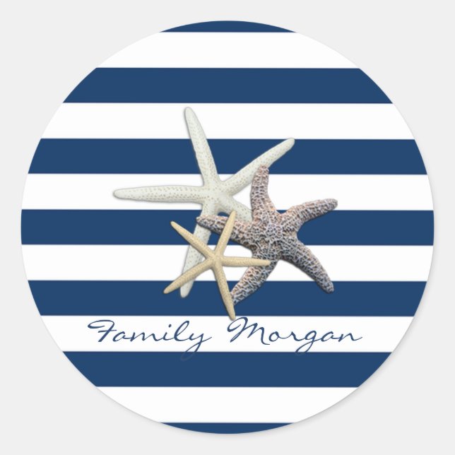 Adorable Starfish ,Navy Blue Stripes-Personalised Classic Round Sticker (Front)