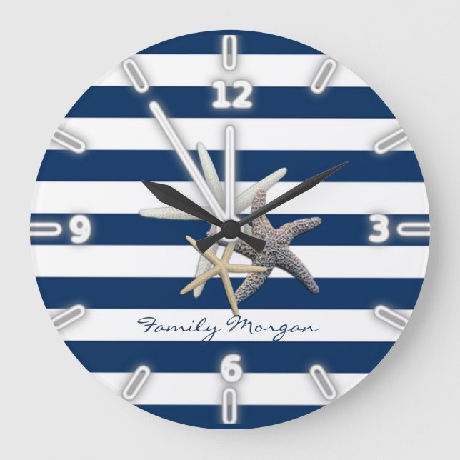 Adorable Starfish ,Navy Blue Stripes-Personalised Large Clock (Front)