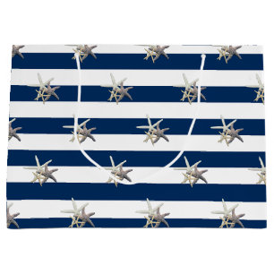 Adorable Starfish ,Navy Blue Stripes-Personalised Large Gift Bag