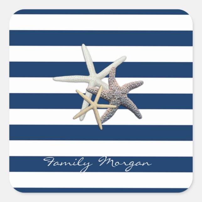 Adorable Starfish ,Navy Blue Stripes-Personalised  Square Sticker (Front)