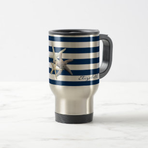 Adorable Starfish ,Navy Blue Stripes-Personalised Travel Mug