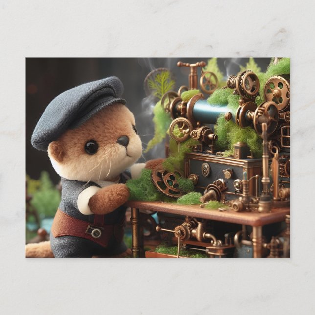 Adorable Steampunk Otter Works on Machinery Postcard (Front)