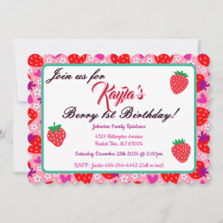 Adorable Strawberry First Birthday Party Invitation