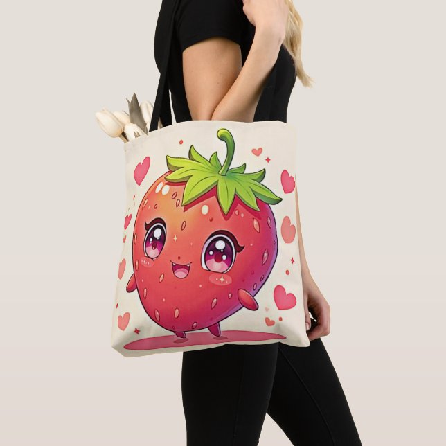 Adorable Strawberry Love Design Tote Bag (Close Up)