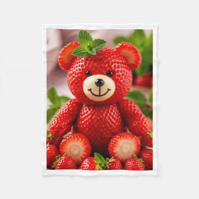 Adorable Strawberry Teddy Bear Cute Fleece Blanket (Front)