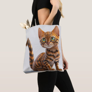 ADORABLE STRIPED BENGAL CAT SITTING TOTE BAG