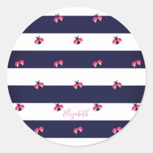 Adorable Striped,Ladybird -Personalised Classic Round Sticker