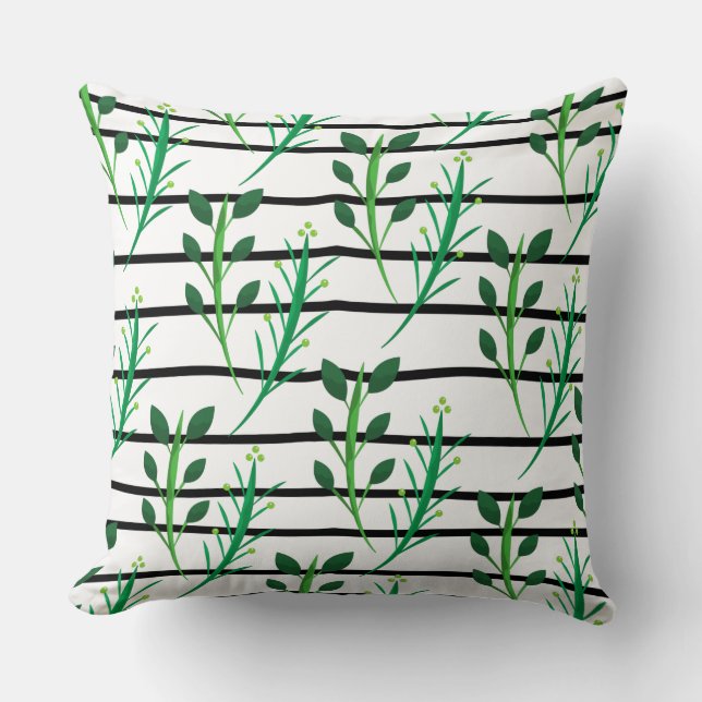Adorable stripes black white green leaves modern cushion (Front)