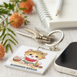 Adorable Summer Beach Cat  Key Ring