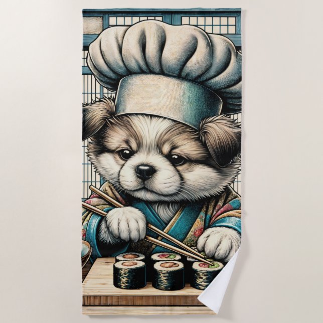Adorable Sushi Chef Puppy Beach Towel (Front)