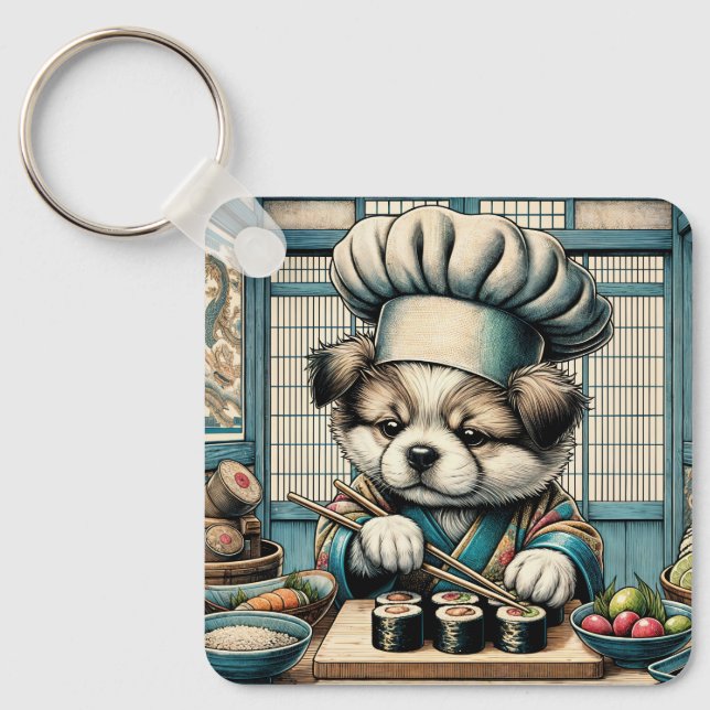 Adorable Sushi Chef Puppy Key Ring (Front)