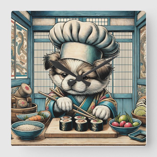 Adorable Sushi Chef Puppy Square Wall Clock (Front)