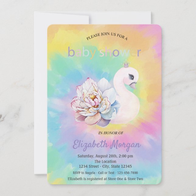 Adorable Swan Flower Tie Dye Baby Shower  Invitation (Front)