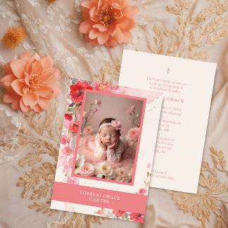 Adorable Sweet Pastel Coral Floral Photo Baptism Invitation
