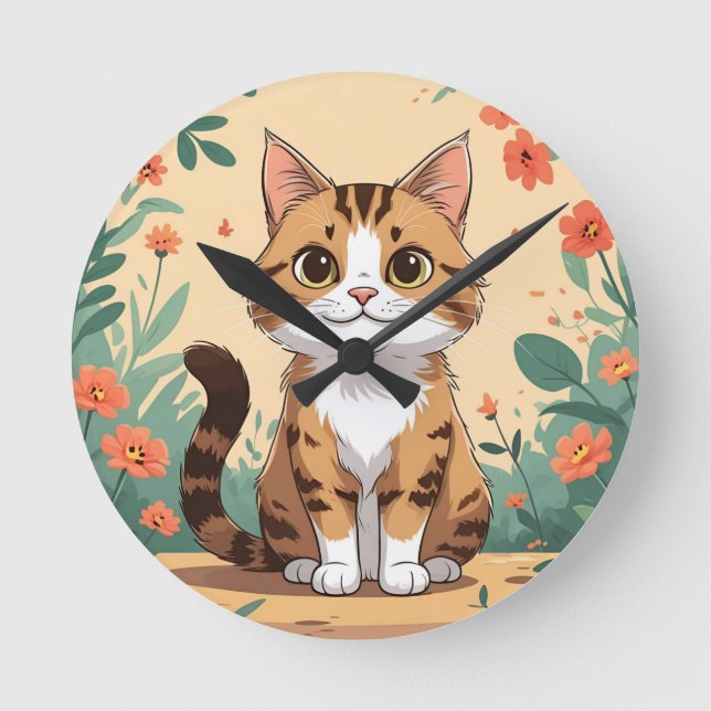 Adorable Tabby Cat in Blossom Garden 8" Round Acry Clock (Front)