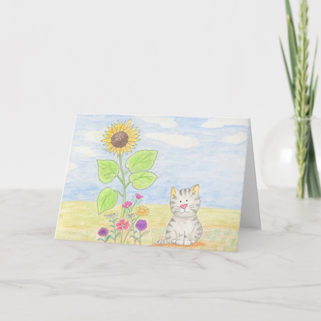 Adorable tabby kitten sunflower watercolor card (Front)