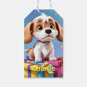 Adorable Tan & White Puppy with Colourful Gifts Gift Tags