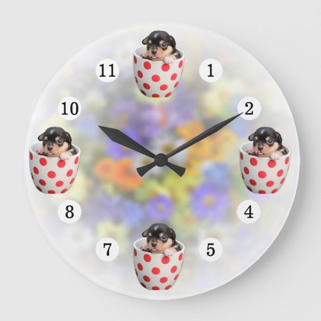 Adorable Teacup Puppy Soft Flowers Background Large Clock (Front)