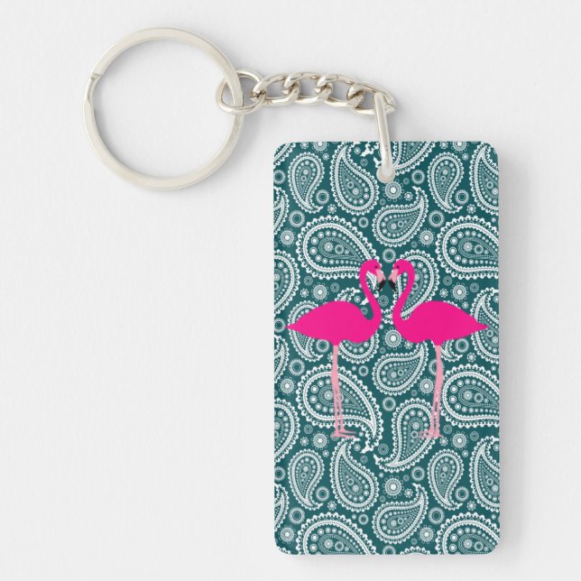 Adorable Teal Blue White Paisley-Pink Flamingos Key Ring (Front)