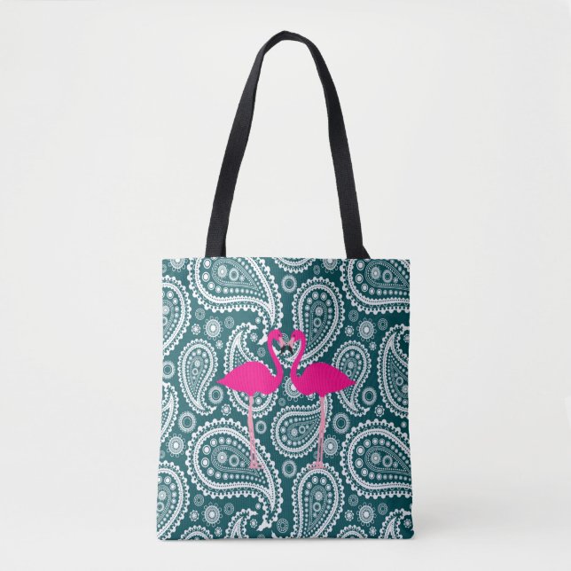 Adorable Teal Blue White Paisley-Pink Flamingos Tote Bag (Front)