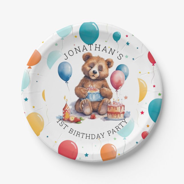 Adorable Teddy Bear 1ST Birthday PARTY Paper Plate (Front)