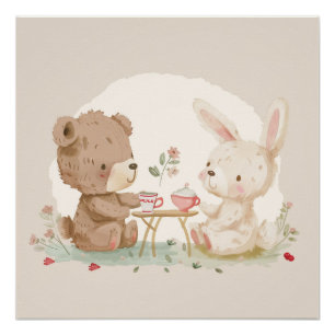 Adorable Teddy Bear and Bunny Having Tea - AI Art  Poster