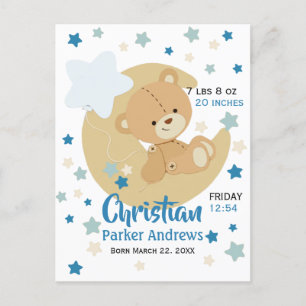 Adorable Teddy Bear Baby Boy Birth Stats Announcement Postcard
