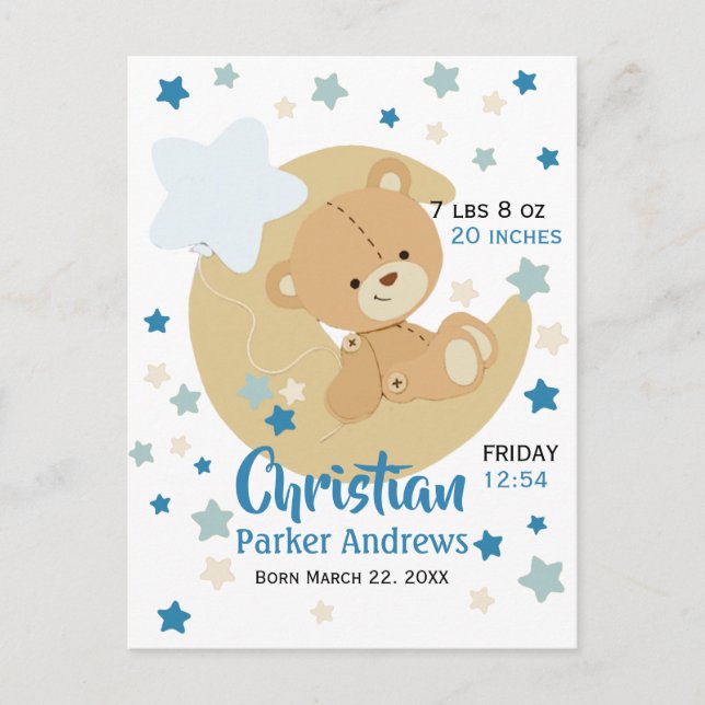 Adorable Teddy Bear Baby Boy Birth Stats Announcement Postcard (Front)