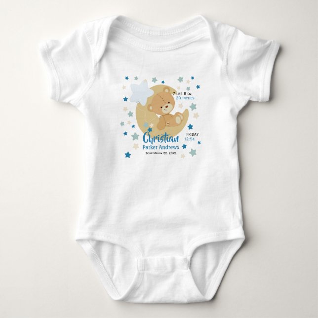 Adorable Teddy Bear Baby Boy Birth Stats Bodysuit (Front)