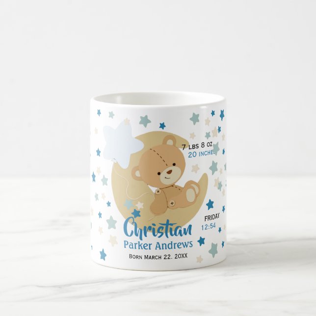 Adorable Teddy Bear Baby Boy Birth Stats Coffee Mug (Center)