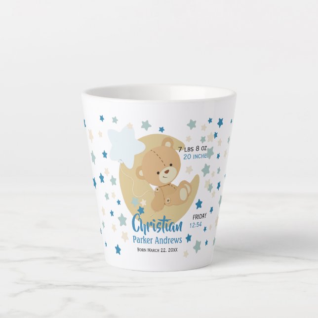 Adorable Teddy Bear Baby Boy Birth Stats Latte Mug (Front)