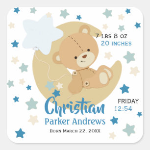 Adorable Teddy Bear Baby Boy Birth Stats Square Sticker