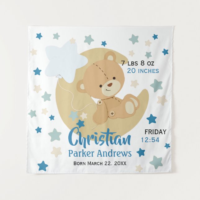 Adorable Teddy Bear Baby Boy Birth Stats Tapestry (Front)