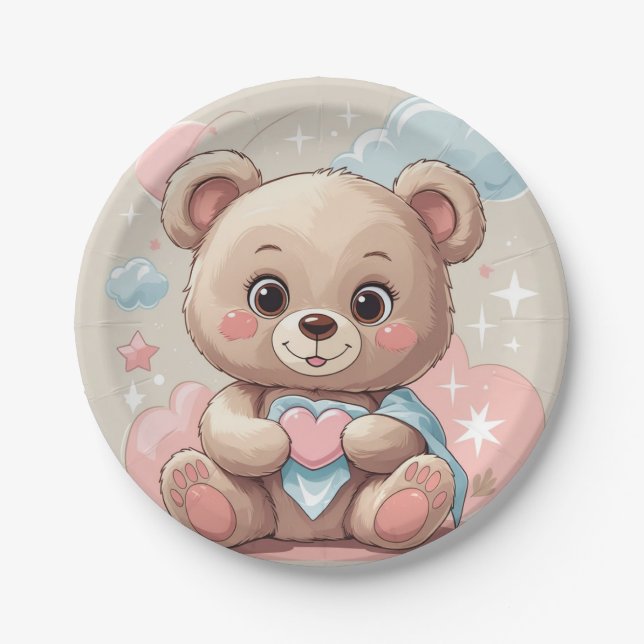 Adorable Teddy Bear Baby – Soft Pastel Design Paper Plate (Front)