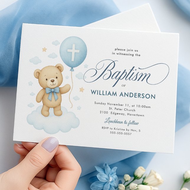 Adorable Teddy Bear Balloon Baptism Invitation (Charming teddy bear design highlighting your little one’s Baptism day.)