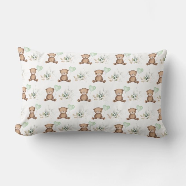 Adorable Teddy Bear & Balloon Greenery Leaves Lumbar Cushion (Front)